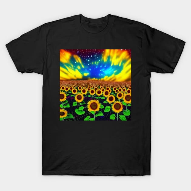 Galaxy Sunflowers T-Shirt by TrapperWeasel